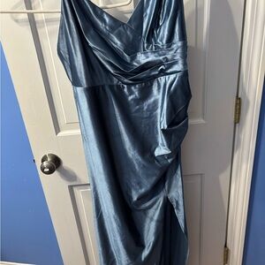 David’s Bridal Sculpting Satin Bridesmaid Dress: Steel Blue